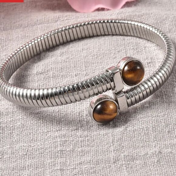 NIB South African Yellow Tiger’s Eye Stainless Steel Cuff Bracelet - Picture 1 of 8